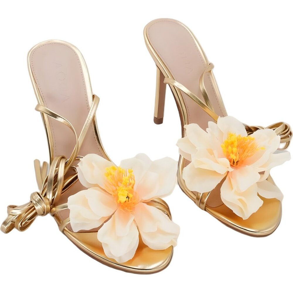 AQUA Melio Ankle Tie Flower Heeled Sandals Gold Dress Party US 6.5M